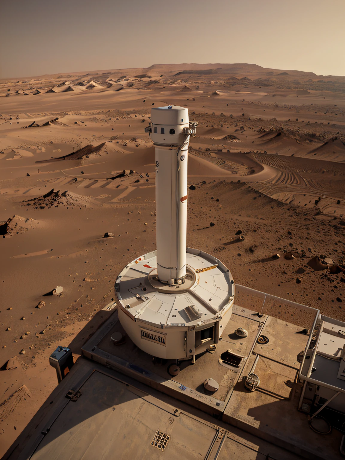 Mars weather station, lifelike details, ultra-realistic, bright picture, ultra-wide angle, bird's-eye view, high reality, light and dark
