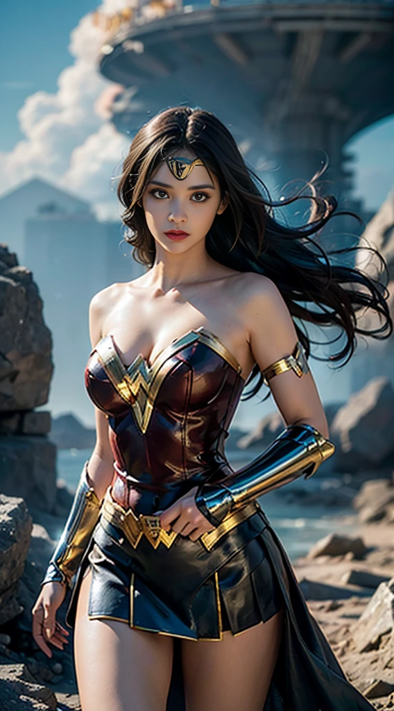 (best quality,4k,8k,highres,masterpiece:1.2),ultra-detailed,(realistic,photorealistic,photo-realistic:1.37),Gal Gadot as Wonder Woman, lifting her skirt towards the camera in a battle,comic-book style illustration,metallic texture,sharp focus,vivid colors,dramatic lighting,wonderful action pose,confident expression, flowing hair, intense gaze, golden tiara, red and blue costume, powerful stance, dynamic composition, lasso of truth, bulletproof bracelets, warrior princess, superheroine, strong and graceful, fierce determination, cityscape background, cloudy sky, dramatic clouds, Lasso of Hestia, magical powers, empowering symbol, iconic superhero, surreal elements, ethereal aura, striking contrast, vibrant hues, cinematic atmosphere.