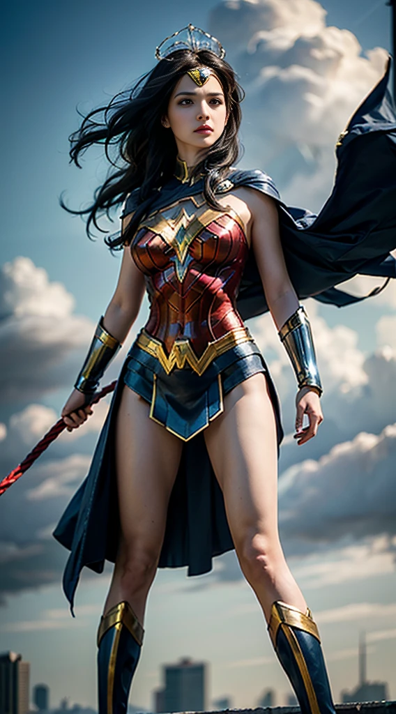 (best quality,4k,8k,highres,masterpiece:1.2),ultra-detailed,(realistic,photorealistic,photo-realistic:1.37),Gal Gadot as Wonder Woman, lifting her skirt towards the camera in a battle,comic-book style illustration,metallic texture,sharp focus,vivid colors,dramatic lighting,wonderful action pose,confident expression, flowing hair, intense gaze, golden tiara, red and blue costume, powerful stance, dynamic composition, lasso of truth, bulletproof bracelets, warrior princess, superheroine, strong and graceful, fierce determination, cityscape background, cloudy sky, dramatic clouds, Lasso of Hestia, magical powers, empowering symbol, iconic superhero, surreal elements, ethereal aura, striking contrast, vibrant hues, cinematic atmosphere.