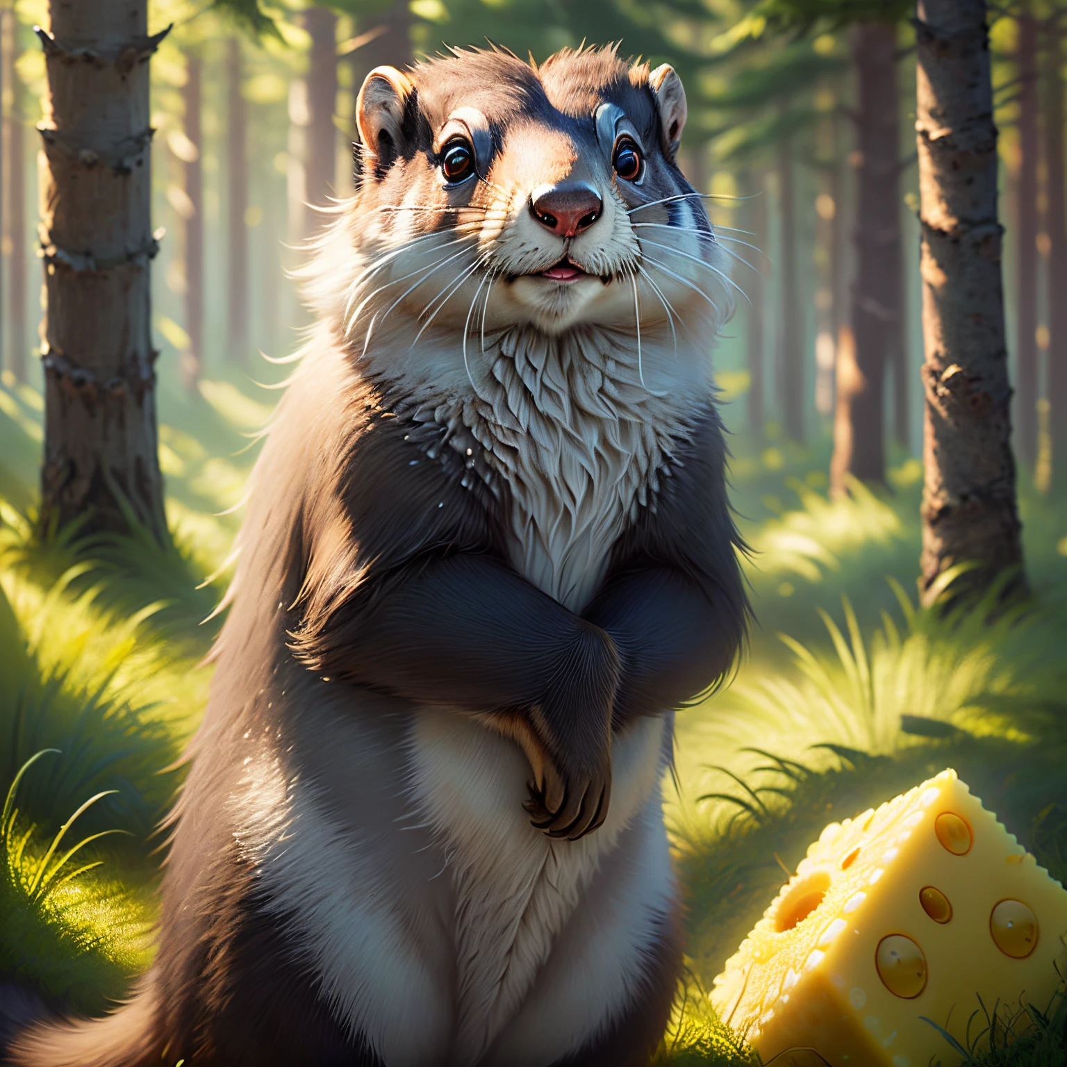 A very real gray marmot, blurred forest green background, giving SpongeBob a hug, super realistic 4k image