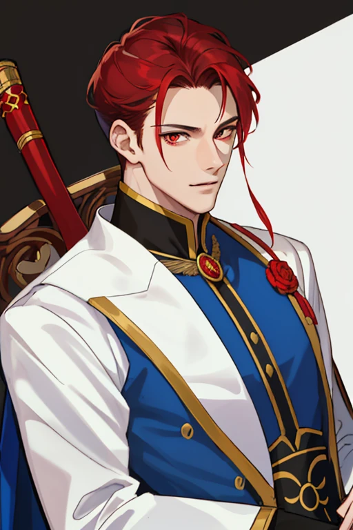 tmasterpiece, Best quality at best, actual, 1人, malefocus, Tall and muscular, Handsome, ssmile, Keep your mouth shut, Bitchsuit, sportrait, Extremely detailed face, (white backgrounid) red eyes, brunette color hair, forehead