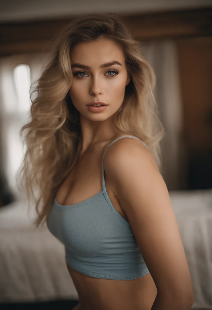 woman with matching tank top and panties, Sexy girl with blue eyes, portrait sophie mudd, portrait corinna kopf, blonde hair and large eyes, Selfie einer jungen Frau, Augen im Schlafzimmer, Violet Myers, ohne Make-up, Natural makeup, Blick direkt in die Kamera, Gesicht mit Artgram, dezentes Make-up, Stunning full body shot, im Schlafzimmer, Spaltung