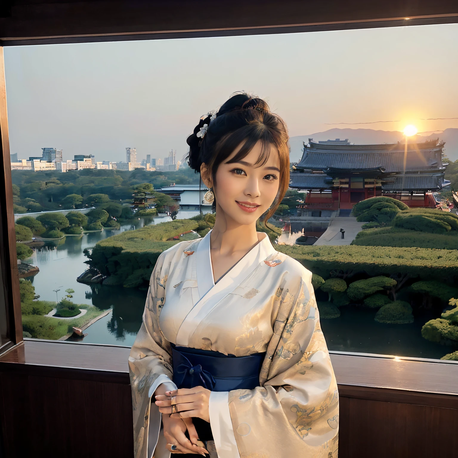 ((top-quality、masutepiece、8K、Top image quality、Very complex and detailed details、Very vivid、a high chroma))、(1 photo:1.5)、(Photo of one woman :1.5)、(1 photo:1.5)、(Let's take a photo with the princess as the main character:1.5)、(Princess is nearby、Gorgeous cityscape with depth in the background:1.5)、((1 Princess、empress、dark sunset sky、Princess of the Heian period、Chignon、Mainly female close-ups、Standing in a gorgeous city、High class courtesan kimono))、(((Atmosphere of the Heian period、Beautiful Niwa-lacquered pillars、gorgeous city、The most luxurious royal palace of the Heian period、A huge and majestic Niwa-lacquered building、Beautiful and perfect Heiankyo、beautiful and luxurious tiled roof、many luxurious buildings、Lots of buildings、Sparkling sunset、Beautiful sunset、Fantastic sunset、spectacular dark sunset、sparkling dark sunset、spectacular movie lighting、the most luxurious capital、luxurious and luxurious building、Complete reproduction of the splendid Heian capital、The perfect capital of Heiankyo、luxury city、Townscape of the Heian period、Perfect reproduction of Japan、Heian period)))、(View me、Look at viewers、A smile)
