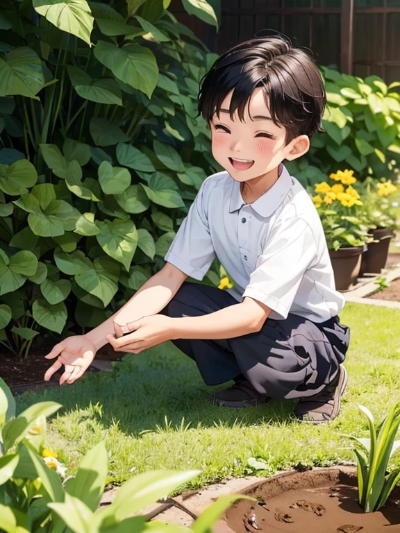 Amidst the playful laughter, we focus on Minh, a young boy with bright, curious eyes, exploring the family garden. As he digs into the soil, his eyes widen in surprise and wonder as he unearths a small chest filled with shimmering gemstones.