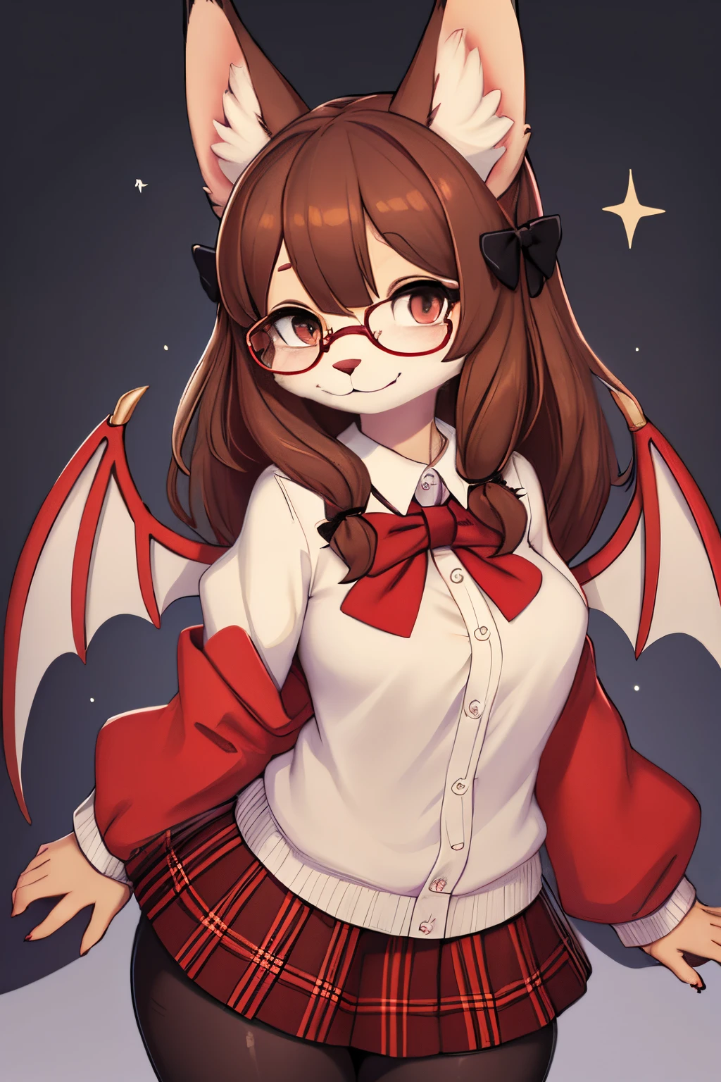 An anthropomorphic female bat with wings dressed as a student girl. She has luxurious hair that is chestnut brown, and large ears that are round and cute. She is confessing her feelings for you, holding your hands and looking into your eyes. She is looking happy with dreamy brown eyes that have a sparkle. Her fur is beige with brown spots, and her outfit is a white blouse and a plaid jumper. She wears black glasses and a red bow. The style is a blend of digital furry art and anime. She is looking at you with a shy smile and saying that she likes you a lot. Body for