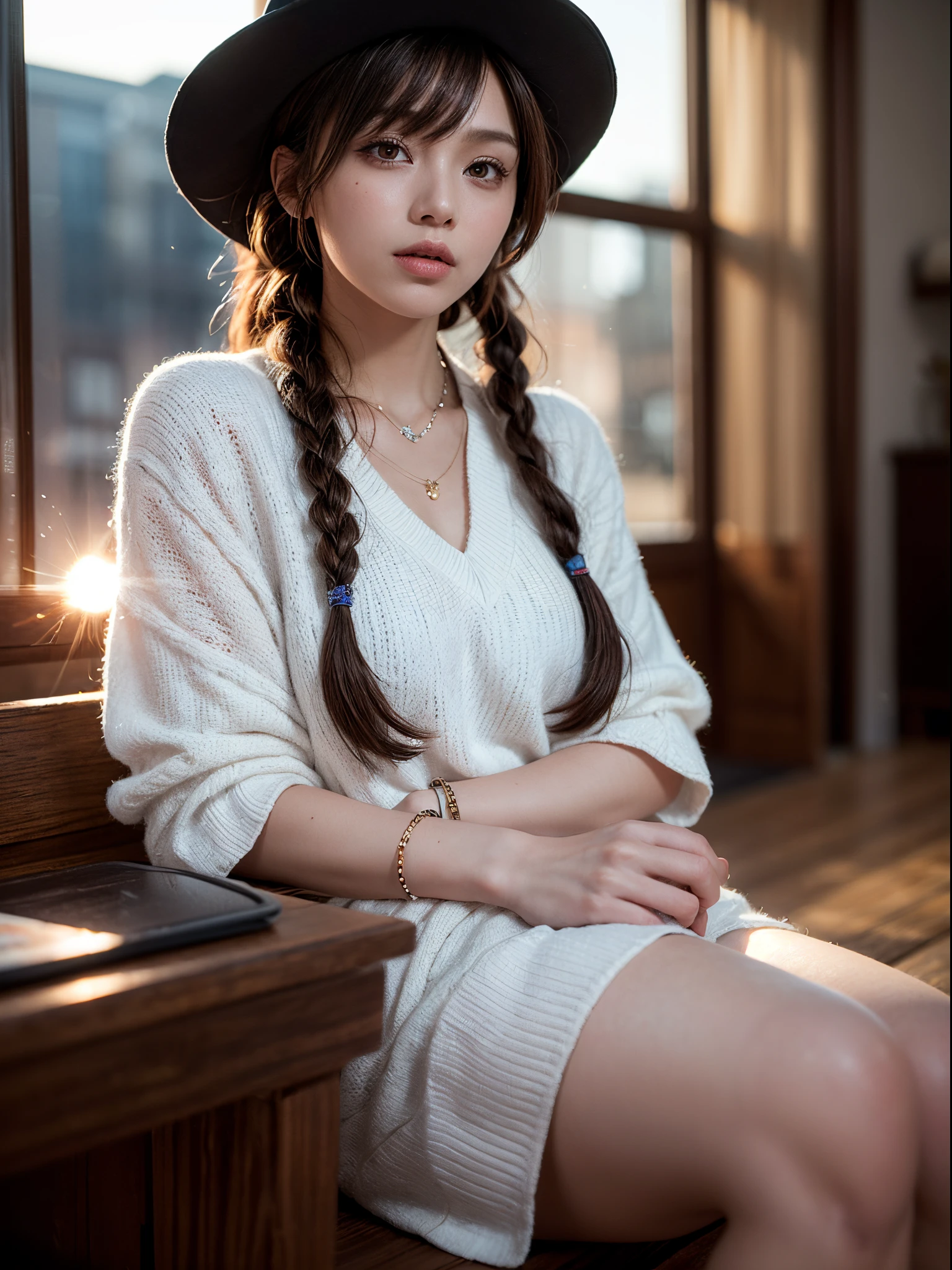Unbeatable masterpiece, ultra real photo , Perfect artwork , Complicated details , Best quality at best , strong lights , hight contrast , dynamicposes , holland angle , (bblurry, depth of fields, blurryforeground:1.35) , 1 girl, blurry, twin_braids, blurry_background, solo, jewelry, depth_of_field, sitting, bracelet, hat, brown_eyes, looking_at_viewer,(Ultra-realistic 8k CG: 1.2), perfect artwork, exquisite patterns, intricate details, (unparalleled masterpiece, best quality: 1.2), (extremely complex: 1.2), (starlights,the sunset , lens flare glow:1.25) ,