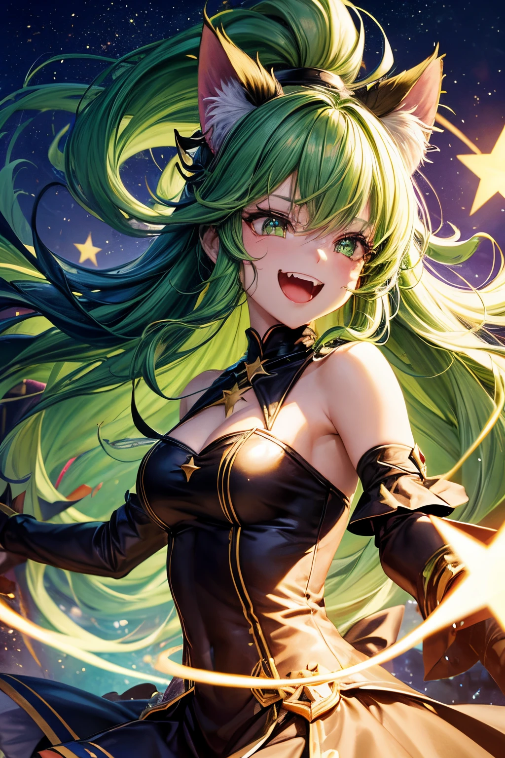 prismatic coloration, holographic environment, young African girl, Deep black skin, Beautiful, elven ears, serious glare, ponytails, leaf green hair, Heterochromia with deep one eye green & one eye Gold, C-cup, lithe, fit, Modest-attire, full-body, slender legs, beautiful eyes, freckles, leaf green eyebrows, Cute butt, (long straight prismatic reindeer_antlers:1.2), wielding light magic, Battle stance, grassy aura, mythic flowing Black-Purple-Green cloak with Golden Floral designs, Safe-For-Work