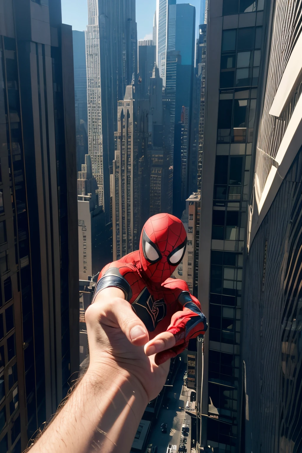 Spider-Man travels through New York City buildings，first person perspective，Index finger, little finger, thumb straight，Middle finger and ring finger close to the palm，Hand forward，Spraying spider silk from wrist，photore，ultraclear