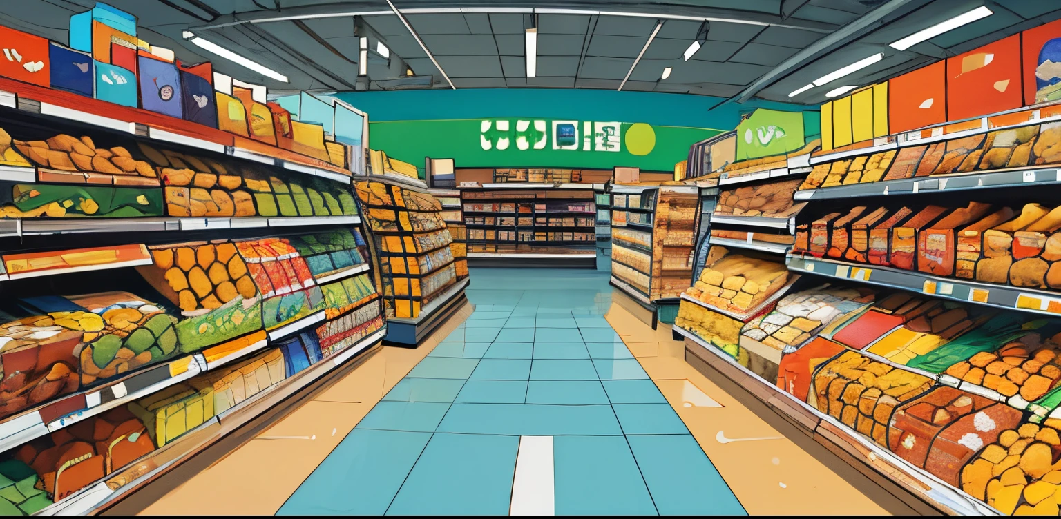 ((establishing shot:1.2, fisheye:1.2)), (masterpiece, best quality), (((inside a modern supermarket))), (((snacks isle))), lots of products in display, gondola shelving filled with snacks, multi colorpackages, cluttered isles, (secondary color:1.1), (primary color:1.5), colorful details, intricate detailed linework and a gritty, realistic aesthetic, shading and cross-hatching, no human, fractal_environment,
