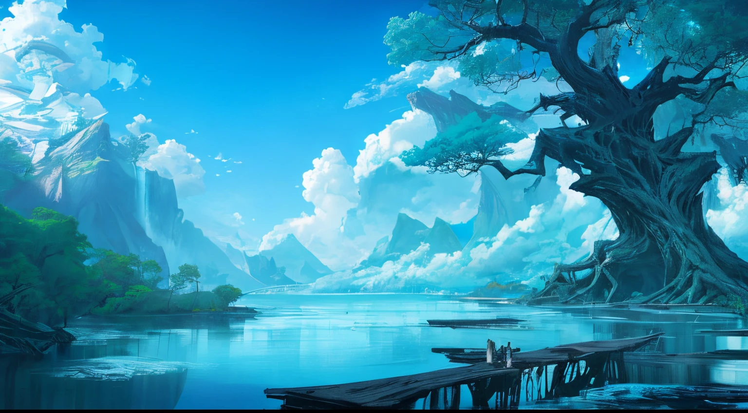 ConceptArt, nobody, landscape, giant tree, water, sky, day, tree, cloud, waterfall, outdoors, architecture, nature, river, blue sky, beautiful scenery