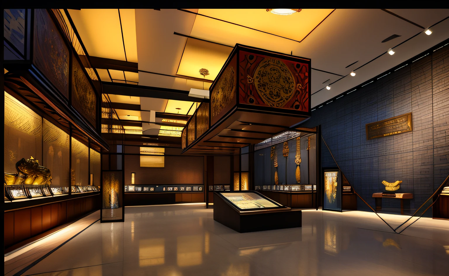 Panoramic view of museum displaying artifacts, museum diffuse lighting, The background is a low light museum, Beautiful rendering of the Tang Dynasty, museum lighting, museum background, museum exposition, exhibition hall lighting, museum exhibit, exhibition display, museum setting, Low Light Museum, Tang Dynasty cultural relics display, Exhibited, museum collection, dark showroom, Glass display cabinets on both sides of the museum display