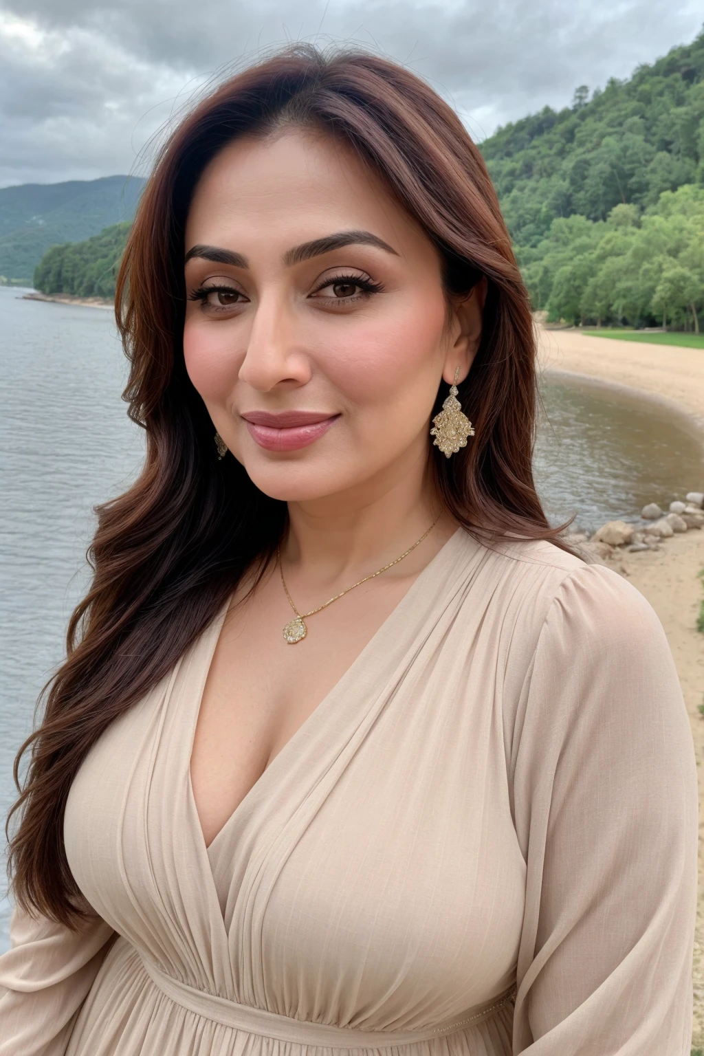 Instagram photo, 45 years old girl named reema khan, wearing dress, closeup photo taken on iphone 15, curvy, seductive face, without makeup, slight smile, beautiful scenery background