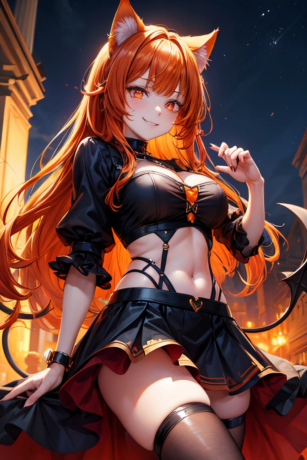 Top quality, high resolution, perfect human structure, background focus, front view, orange hair, glowing hair, cat ears, devil, witch cosplay, dark, night, heart shaped pupils, blunt bangs, wavy hair, shiny hair, evil smile, gradient eyes, ruffled skirt