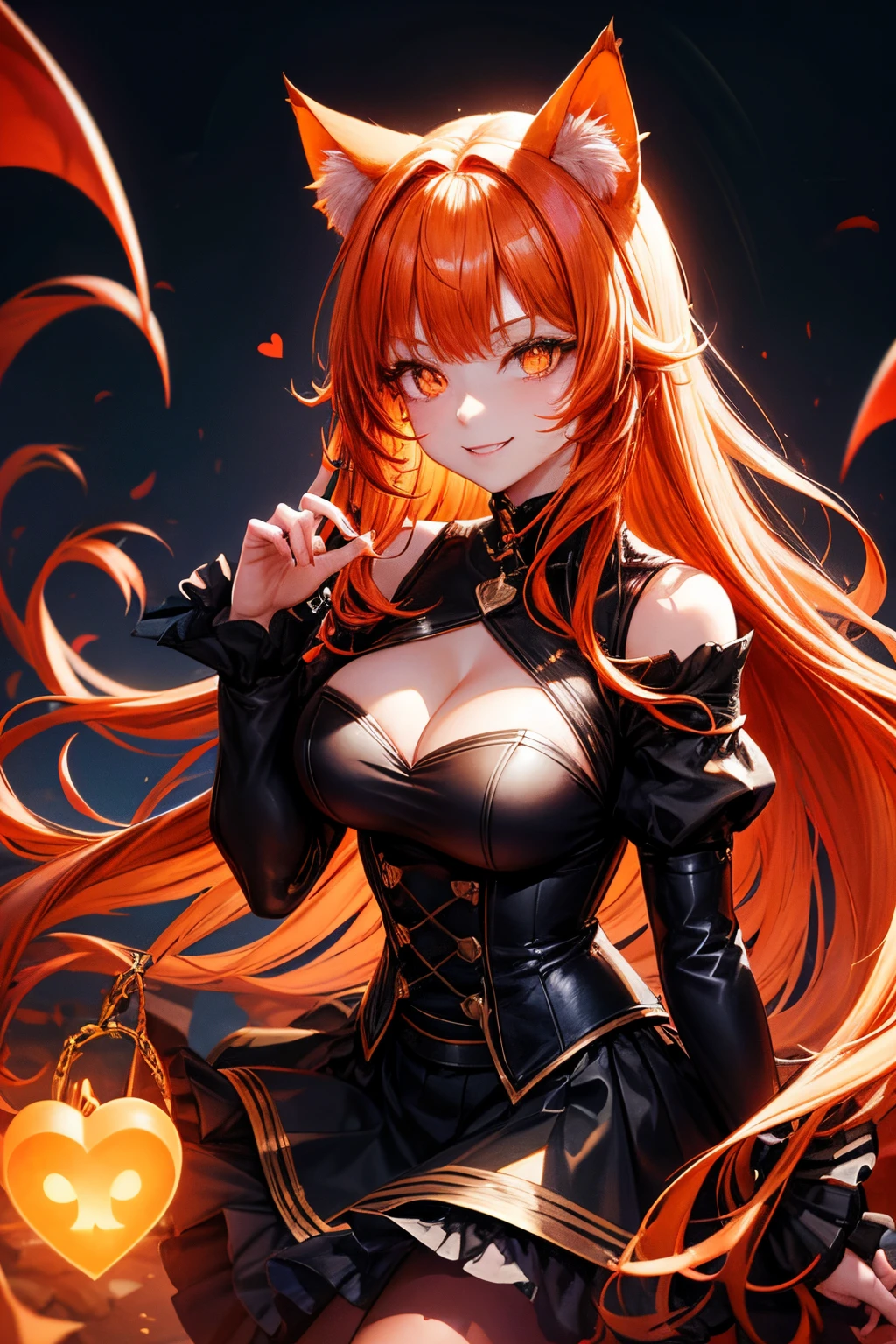 Top quality, high resolution, perfect human structure, background focus, front view, orange hair, glowing hair, cat ears, devil, witch cosplay, dark, night, heart shaped pupils, blunt bangs, wavy hair, shiny hair, evil smile, gradient eyes, ruffled skirt