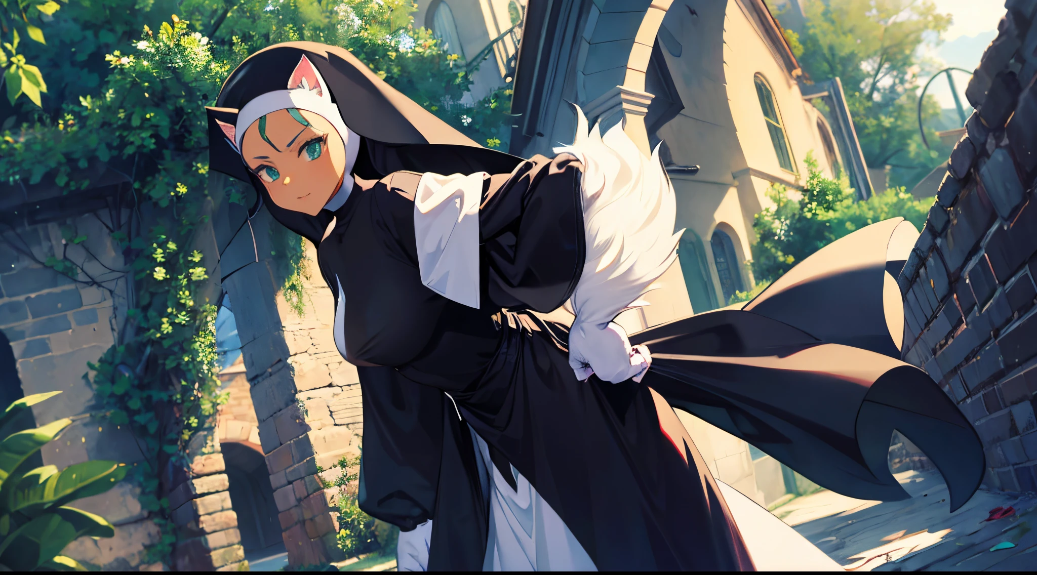 felicia, darkstalkers, dressed in a nun outfit, standing in a village, all black nun outfit, cute