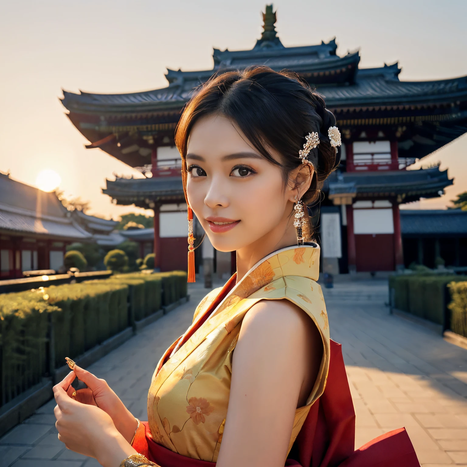 ((top-quality、masutepiece、8K、Top image quality、Very complex and detailed details、Very vivid、a high chroma))、(1 photo:1.7)、(the princess is near、Complex cityscape with depth in the background:1.7)、(Close-up photo of a woman :1.5)、(Take a photo from the upper body of the princess:1.5)、(perfect anatomia:1.2)、(very bright sunset sky:1.3)、((1 Princess、empress、Princess of the Heian period、perfect chignon、Mainly female close-ups、Standing in a gorgeous city、High class courtesan kimono))、((Atmosphere of the Heian period、Beautiful Niwa-lacquered pillars、gorgeous city、The most luxurious royal palace of the Heian period、A huge and majestic Niwa-lacquered building、Beautiful and perfect Heiankyo、beautiful and luxurious tiled roof、many luxurious buildings、Lots of buildings、Sparkling sunset、Beautiful sunset、Fantastic sunset、spectacular dark sunset、shining dark sunset、spectacular movie lighting、the most luxurious capital、luxurious and luxurious building、Complete reproduction of the splendid Heian capital、The perfect capital of Heiankyo、luxury city、Townscape of the Heian period、Perfect reproduction of Japan、Heian period))、(View me、Look at viewers、A smile)