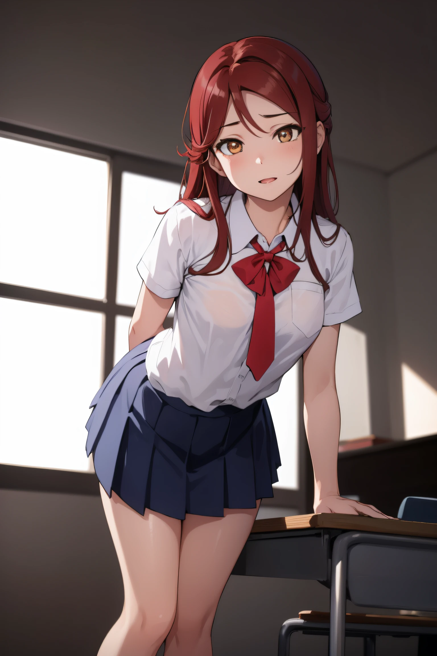 rikosakurauchi, riko sakurauchi, (brown eyes:1.5), hair between eyes, long hair, (red hair:1.5), (small breast:1.2), 
BREAK skirt, shirt, ribbon, school uniform, white shirt, short sleeves, pleated skirt, shoes, socks, blue skirt, white socks, collared shirt, red ribbon,
BREAK looking at viewer, standing,(from below:1.2), (leaning forward:1.2), (arms behind back:1.2),
BREAK indoors, classroom, 
BREAK (masterpiece:1.2), best quality, high resolution, unity 8k wallpaper, NSFW,(illustration:0.8), (beautiful detailed eyes:1.6), extremely detailed face, perfect lighting, extremely detailed CG, (perfect hands, perfect anatomy),