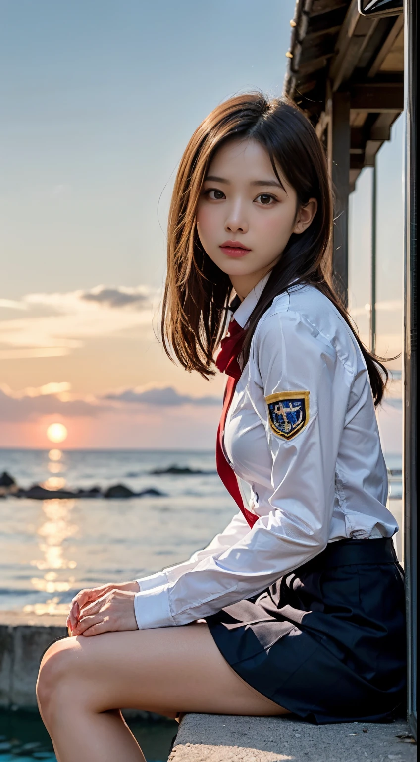 (Best Quality, High resolution, masutepiece :1.3), Against the background of orangey sunset sky、Clouds and sun sink into the ocean, Beautiful girl in uniform sitting. Her hair is light brown, Eta、Medium bob style. She wears a white blouse and pleated skirt as part of her uniform. she stands with her legs apart, And her gaze is directed to the camera. Create this scene from a low angle shot.