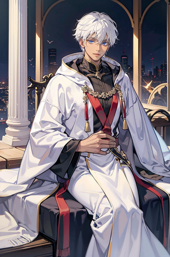 a dark skinned man, White hair, and dressed as king'cloaks,eBlue eyes.