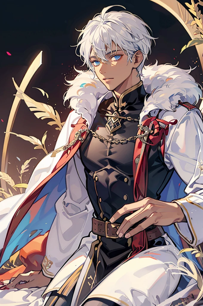 a dark skinned man, White hair, and dressed as king&#39;cloaks，eBlue eyes.