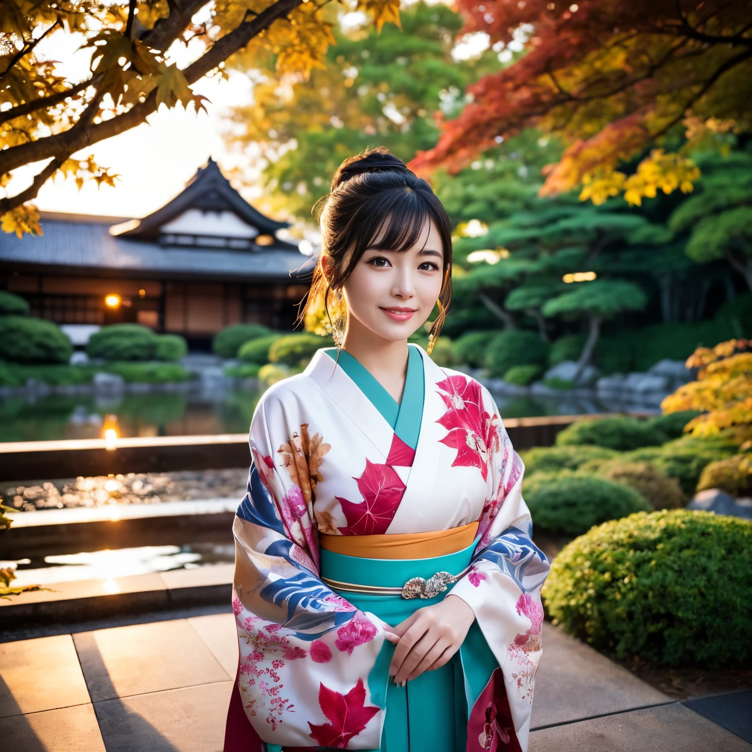 ((top-quality、masutepiece、8K、Top image quality、super-fine))、((1 beauty、A beautiful woman stands gracefully、Photo from the waist of a woman))、very elegant appearance、very luxurious kimono、classy chignon、Perfect makeup、A beautiful hairpin on your head、The background is a Japanese garden in the evening....、((spectacular movie lighting、early evening、Evening glow、Huge sunset、Spectacular sunset、Sparkling sunset、Japan garden illuminated by the setting sun、Spectacular sunset、Autumn foliage、Bright red autumn leaves))、Autumn Japan Garden、Beautiful garden with gravel、Luxury inn garden、View of the garden from the inn、The most luxurious and elegant Japanese garden、The most gorgeous Japanese garden in the world、Large pond、She's looking at me、Smile at me、perfect anatomia、A detailed face、Perfect fingers