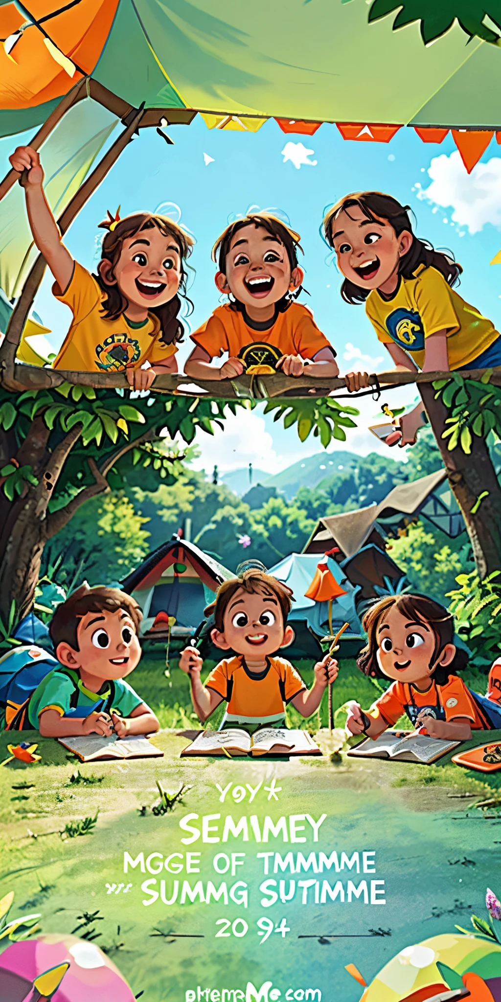 Background color: Use bright, lively colors such as yellow, orange, green, etc. to highlight the theme of the summer camp.

Summer camp name: Use large fonts and exaggerated glyphs to highlight the name of the camp, such as "Adventure Camp", "Play Summer Camp", etc.

Activity elements: Add summer camp activity elements such as flags, campfires, camping tents, mountaineering equipment, etc. to the poster to highlight the vitality and freedom of summer camp.

Children's image: Through the image of children on the poster to express the vitality and free atmosphere, such as playing on the beach, climbing mountains, fishing, swimming, etc., so that children are full of expectations.

Summer camp time and location: Indicate the time and location of the summer camp on the poster to remind parents to sign up in time.