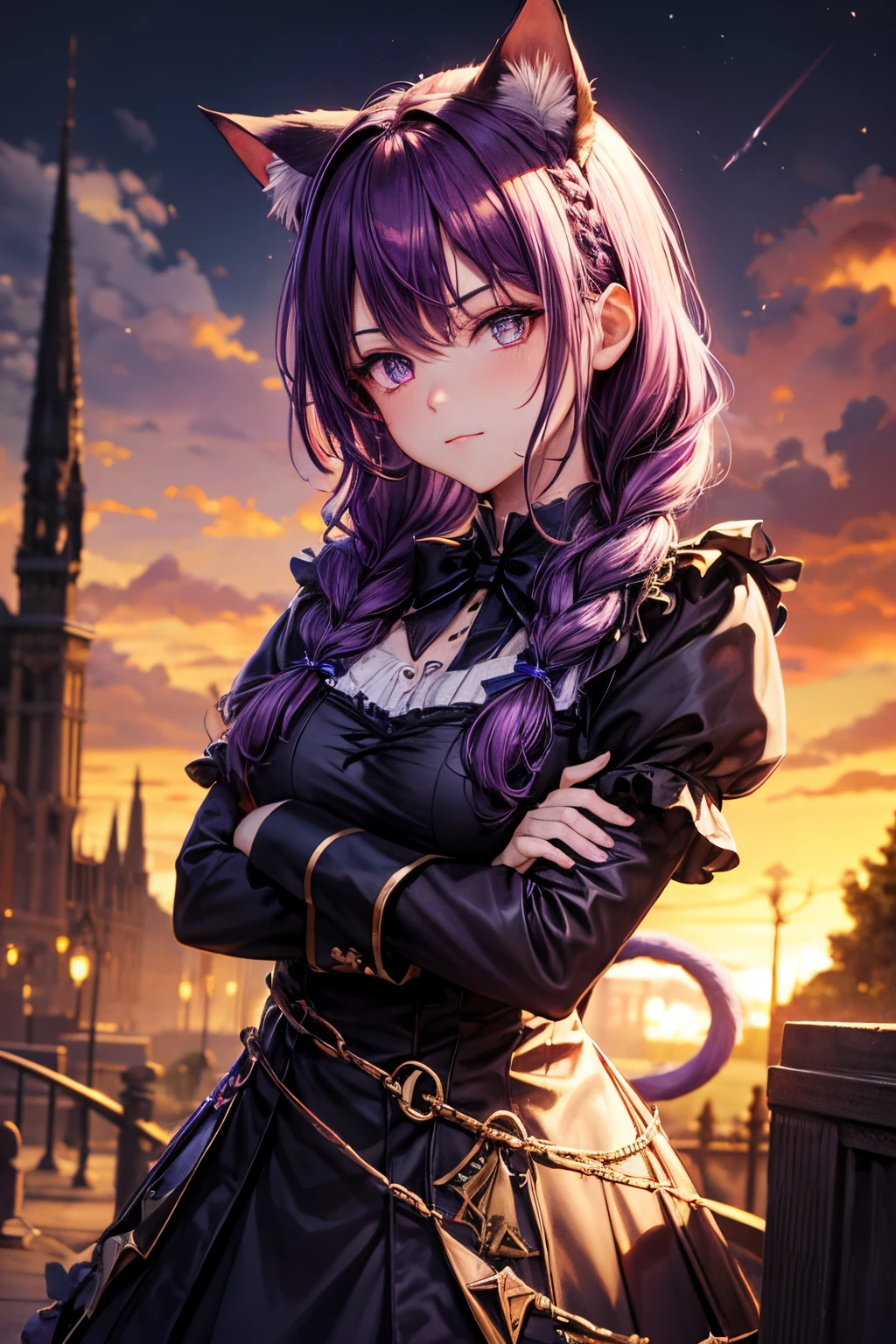 Top quality, high resolution, perfect human structure, background focus, front view, purple hair, glowing hair, cat ears, crossed arms, french braid, crazy eyes, devil, witch cosplay, devil, night sky