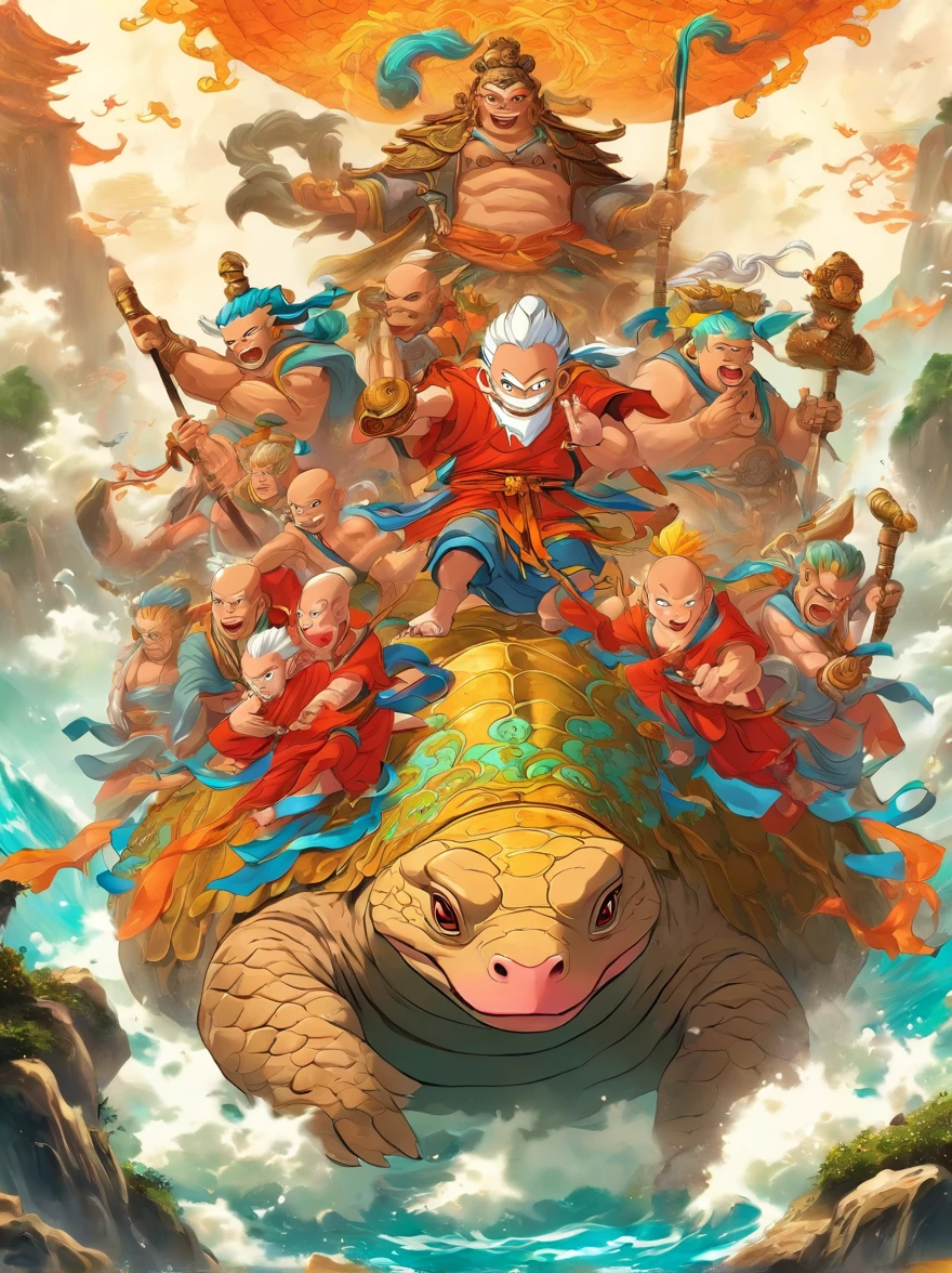 An epic scene，Chinese novel &quot;Journey to the West&quot;，The four masters and disciples of Tang Monk sat on a huge turtle，Roam under the sea，