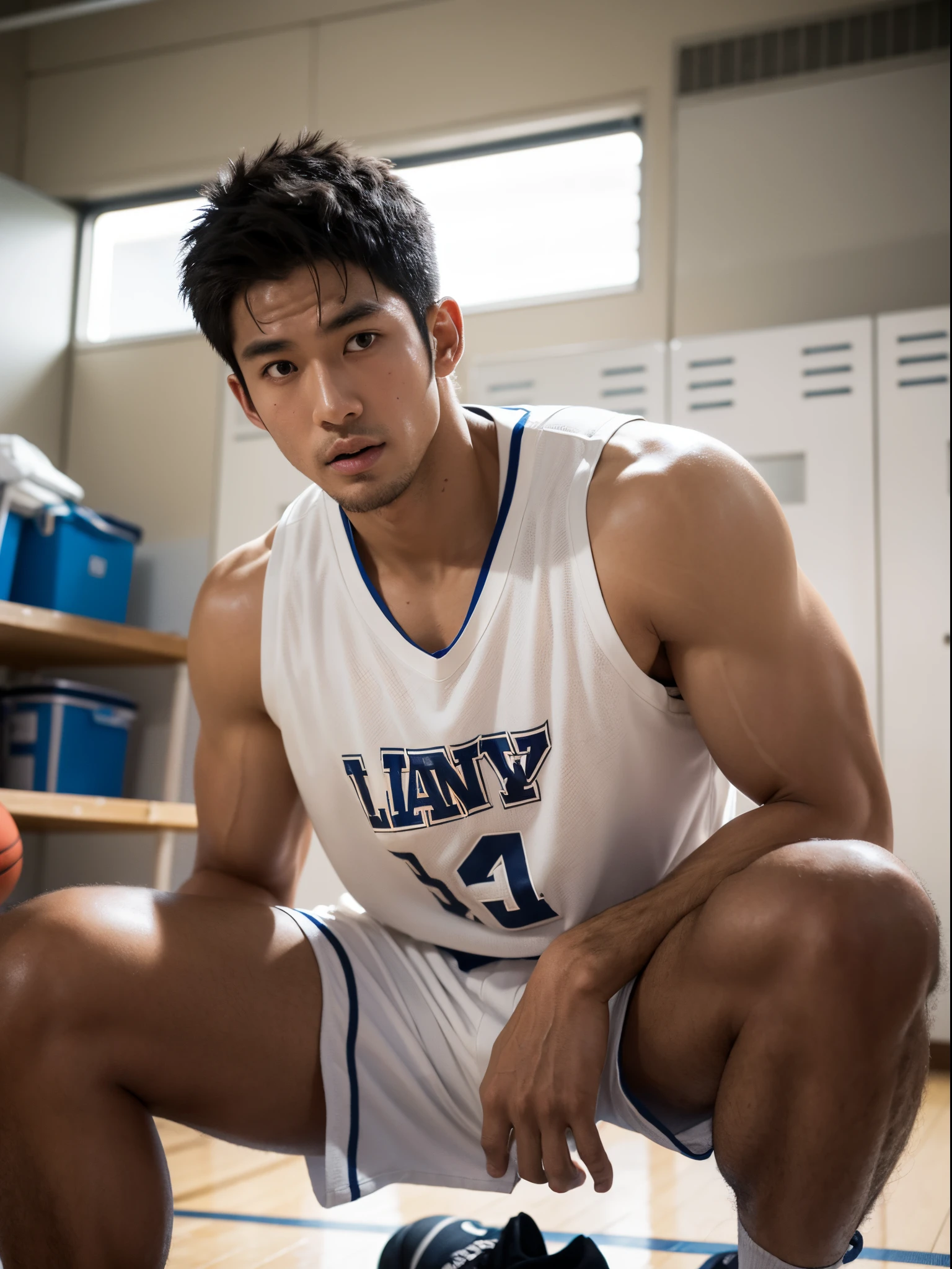 Japanese basketball player, big muscles, dark skin, handsome, good facial details, sitting at a locker, shirt soaked, sweating a lot, sharp image, looking at camera, studio lights, modeling, sexy , portrait