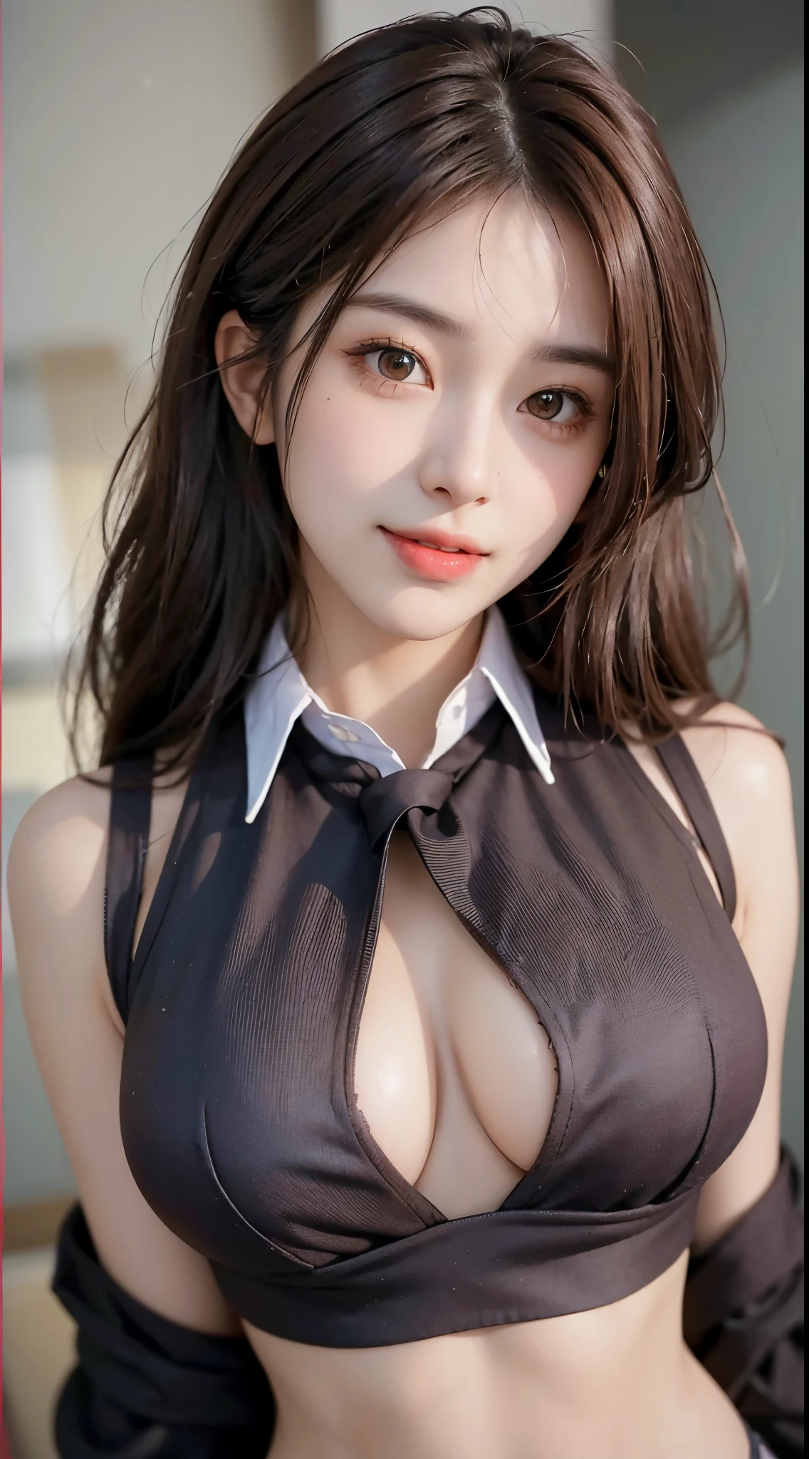 ((Beauty like a model)), Japan Girl,1 persons,masterpiece, The highest image quality, ultra-detailliert, (perfectbody:1.2), ((Perfect face+Brown hair)), Close up of, short wavy hair,Trailing hair,Viewer's Perspective, detailed hairs、Detailed eyes(realisticeyes),profetional lighting,middlebreasts,(Brown eyes),slenderbody,adult lady,About 28 years old,glamor,kindly smile,Half Girl,Lashes,二重まぶた,Y-shirt and tie,Raw photo,Sexy lips,Lovely smile,she crumpled her face and smiled,Wearing a suit,abdominals,Constriction,Beautiful back,