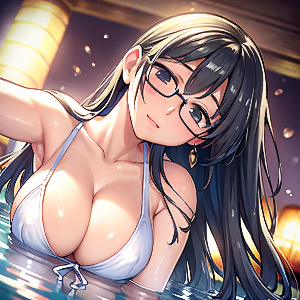 Best Quality、profetional lighting、Top image quality、masterpiece、The background is of the best quality、The background is professional lighting、Asian Beauty、Big eyes、There is a village frame pure、Black eyes、The background is a pool、Wearing water、Wearing glasses、