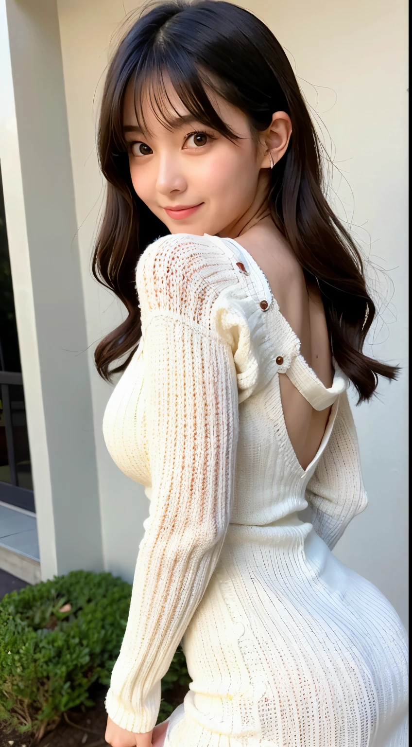 Best-quality, Masterpiece, Ultra-High-Resolution, (Photorealistic:1.4), Raw-Photo, Extremely-Details, Perfect-Anatomy, 1girl, 18-years-old, the most famous Japanese idol, looking at viewer, hands on cheek, upturned ass, innocent smile, ((wearing very tight white long sleeve and long length knitted-dress)), extremely cute face like a most popular Japanese idol, amazingly beautiful big black solid eyes, very beautiful black hair, very beautiful big breasts, very beautiful body, very beautiful hip, very beautiful thighs, detailed knitted-dress