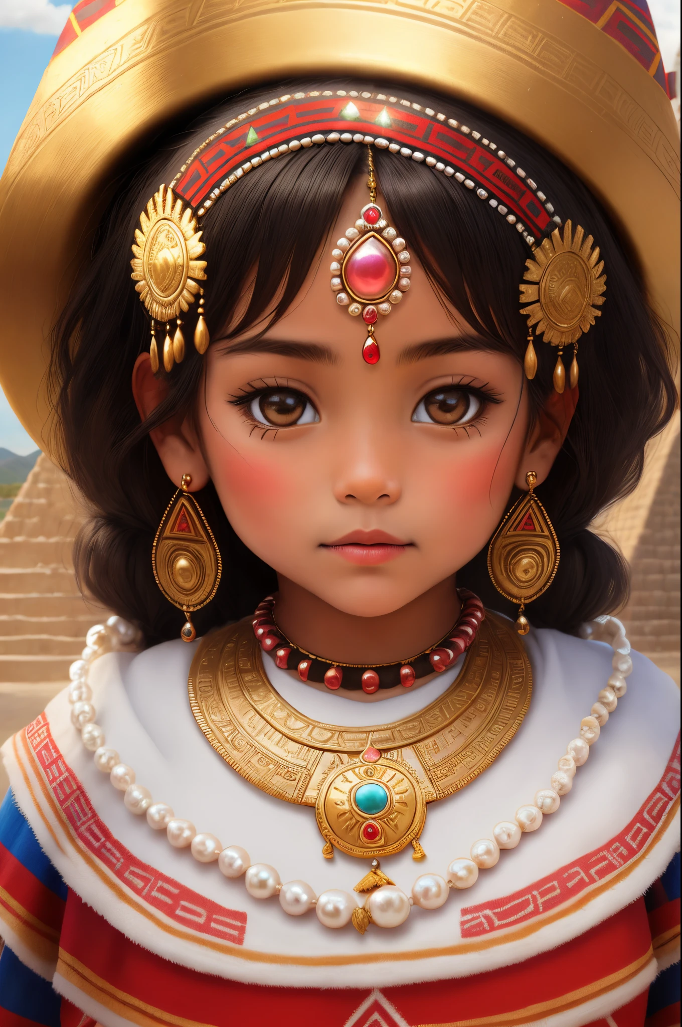 tmasterpiece, aztec princess woman), medium pearl breasts, in front of the pyramid, native clothing, high high quality, cute female child,  beautiful  detailed face, looking at viewert, Gold jewelry