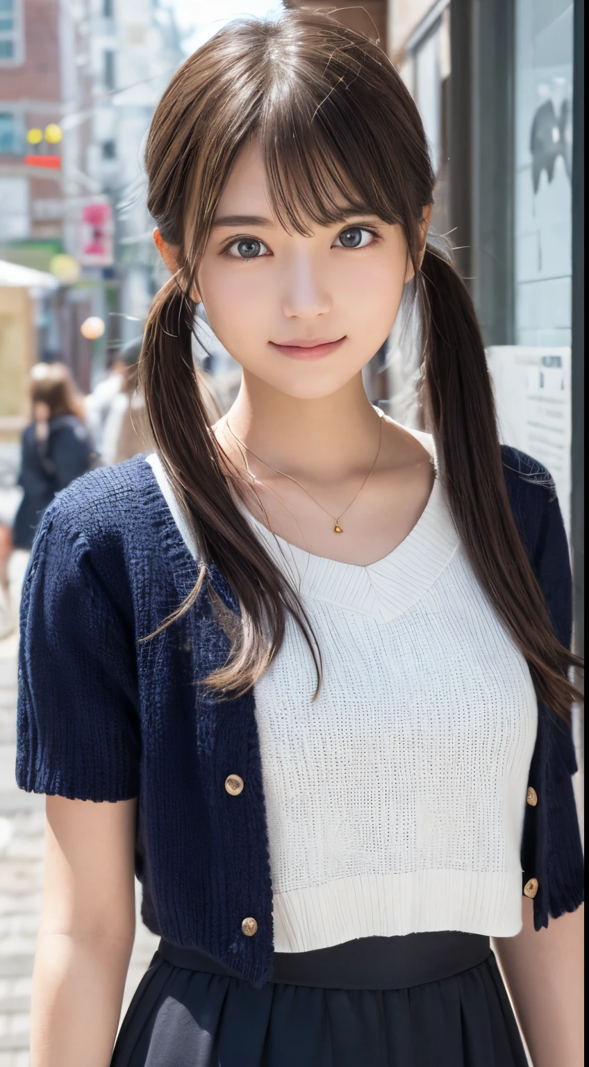 NFSW、masutepiece、masterpiece、1 girl in、(close up of face、cowboy shot)、Straight front view、japanes、very young cute woman、(The cutest girl in the world)、15yo student、Smaller face、large full breasts、Autumn knit jacket、Sheer inner、Chiffon skirt、Ultra-detailed costumes、Smiling in a café、Scrunchie、Thin necklace、Glamorous figure、hyper cute face、shiny lip、Double eyelids in both eyes、 natural make up、long eyeslashes、shiny smooth light brown hair、bangss、Short twin tail hair、asymmetrical bangs、image in center、8K分辨率、high détails、Detailed hairstyles、A detailed face、spectacular movie lighting、octane renderings、with a vibrant、Ultra-realistic、Perfect limbs、perfect anatomia