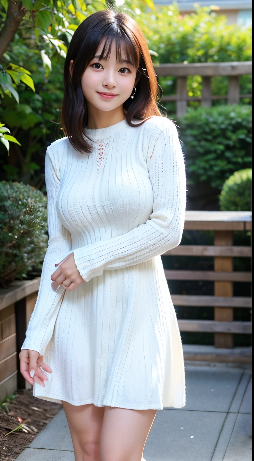Best-quality, Masterpiece, Ultra-High-Resolution, (Photorealistic:1.4), Raw-Photo, Extremely-Details, Perfect-Anatomy, 1girl, 18-years-old, the most famous Japanese idol, looking at viewer, hands on cheek, upturned ass, innocent smile, ((wearing very tight white long sleeve and long length knitted-dress)), extremely cute face like a most popular Japanese idol, amazingly beautiful big black solid eyes, very beautiful black hair, very beautiful big breasts, very beautiful body, very beautiful hip, very beautiful thighs, detailed knitted-dress