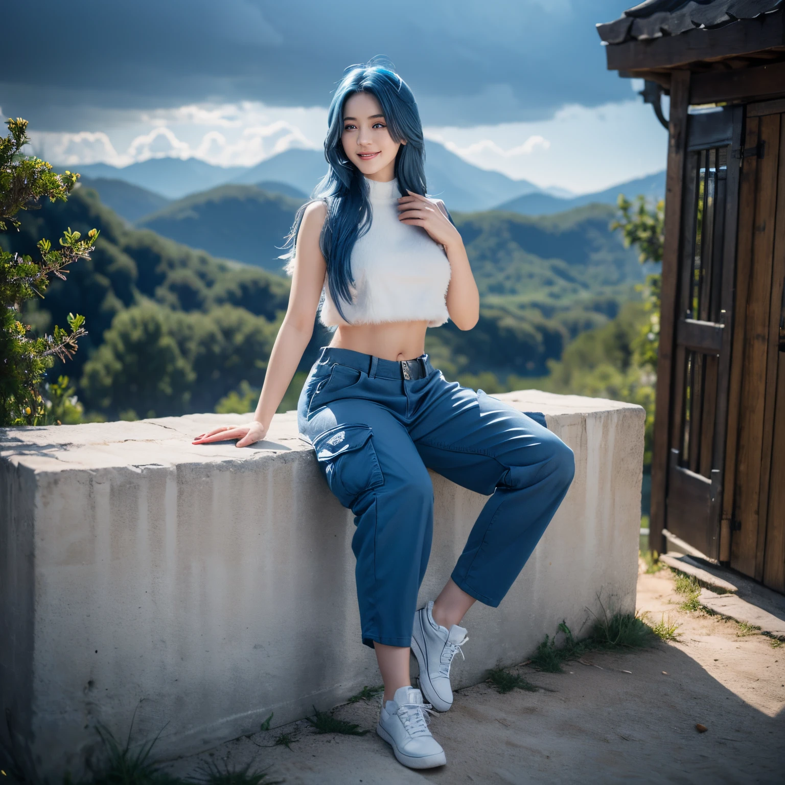 8K, Top Quality, Intricate Details, Ultra Detail, Ultra High Resolution, Masterpiece, random angle, Slender, Smile, (Makeup: 0.4), (Fluffy Blue Eyes: 1.21), blue Eyes,, super Chubby ,((full body shoot)), 1girl, solo, 1 girl, (( full body)), sweet smile shot, sitting, on side , , ((tall)), (((fit body))), (((slim face))), sharp face, sharp eyes, (((blue hair, extra long hair , )) (detailed face), sharp face, small lips, thin lips,
(( Crop top and cargo pants)), detailed face, detailed breast, , large breast, detail, , Beautiful girl with accentuated slender abs: 1.4, Six Pack Abs: 1.4, Bust Botox, Big, Perfect Body, detail leg, (( moonlight)), cloudy, top of mountain