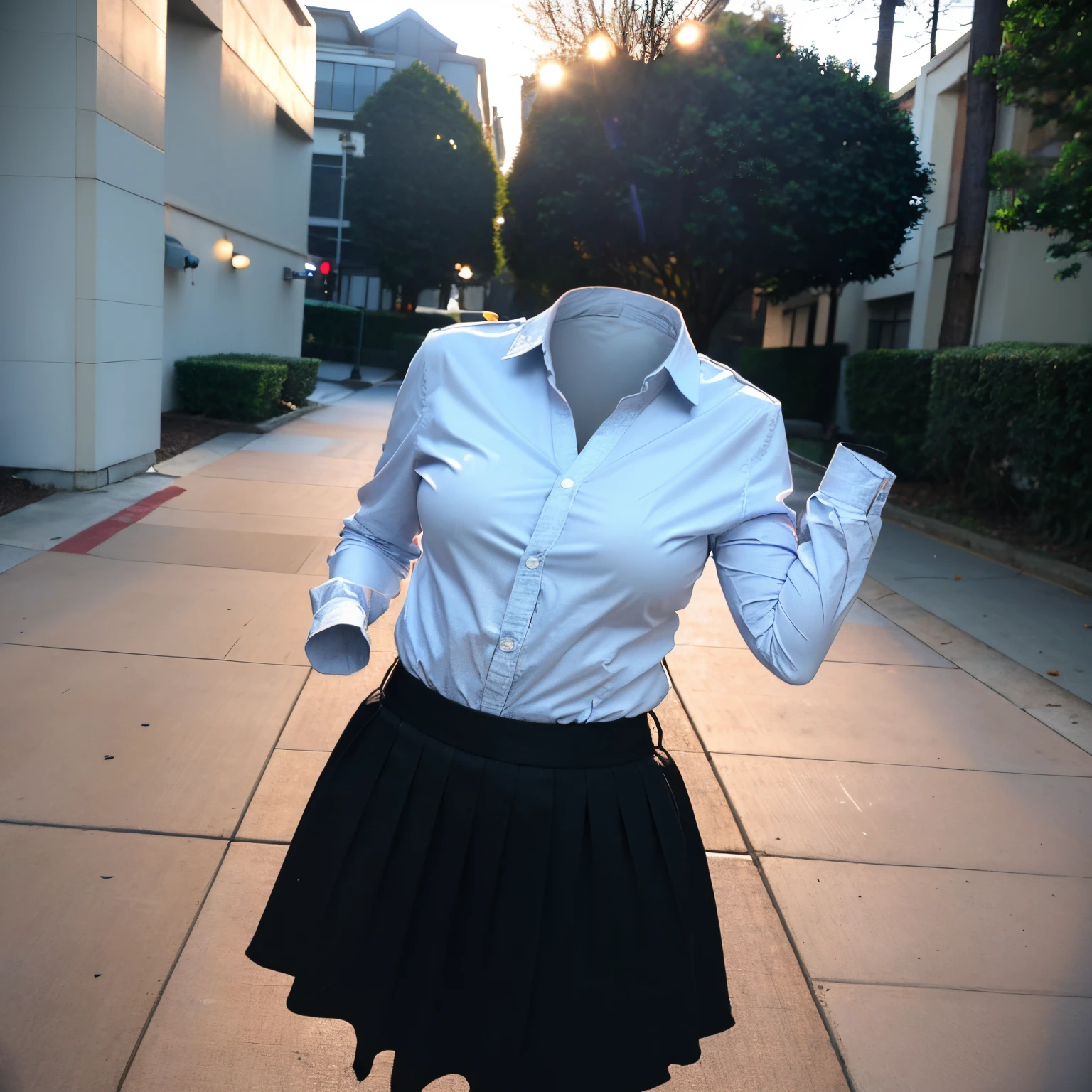 (school uniform), park, cute pose, (invisible, no humans, headless, faceless:1.5), (close-up to breasts), cute big breasts, chubby, fat, plaid skirt, blue stripe tie, long sleeve