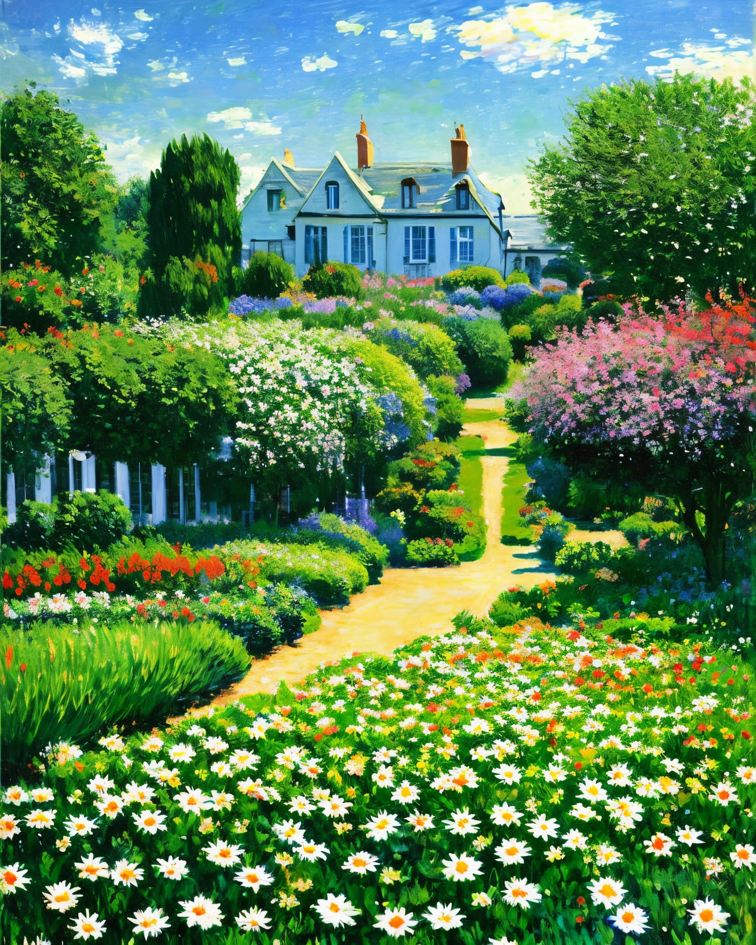 Grand piano in the garden,On both sides of the road are daisy trees,Monet's painting style