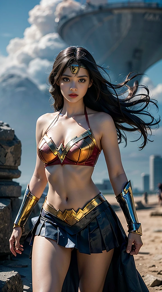 (best quality,4k,8k,highres,masterpiece:1.2),ultra-detailed,(realistic,photorealistic,photo-realistic:1.37),Gal Gadot as Wonder Woman, lifting her skirt towards the camera in a battle,comic-book style illustration,metallic texture,sharp focus,vivid colors,dramatic lighting,wonderful action pose,confident expression, flowing hair, intense gaze, golden tiara, red and blue costume, powerful stance, dynamic composition, lasso of truth, bulletproof bracelets, warrior princess, superheroine, strong and graceful, fierce determination, cityscape background, cloudy sky, dramatic clouds, Lasso of Hestia, magical powers, empowering symbol, iconic superhero, surreal elements, ethereal aura, striking contrast, vibrant hues, cinematic atmosphere. She is lifting her skirt and showing her panties, lifting her skirt, showing her panties camera