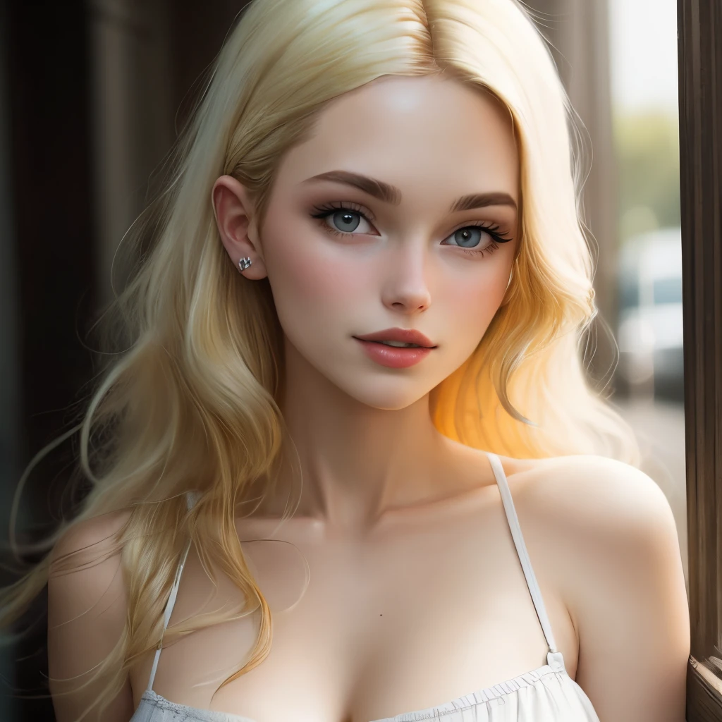 young girl, (20years old), European appearance, Beautiful appearance, athletic physique, high cheekbones, pronounced cheekbones, high forehead, oval face, Green eyes, shoulder-length blond hair, dressless, naked breasts, no underpants, Excited , big breastes, close - up, Bedroom, up close.