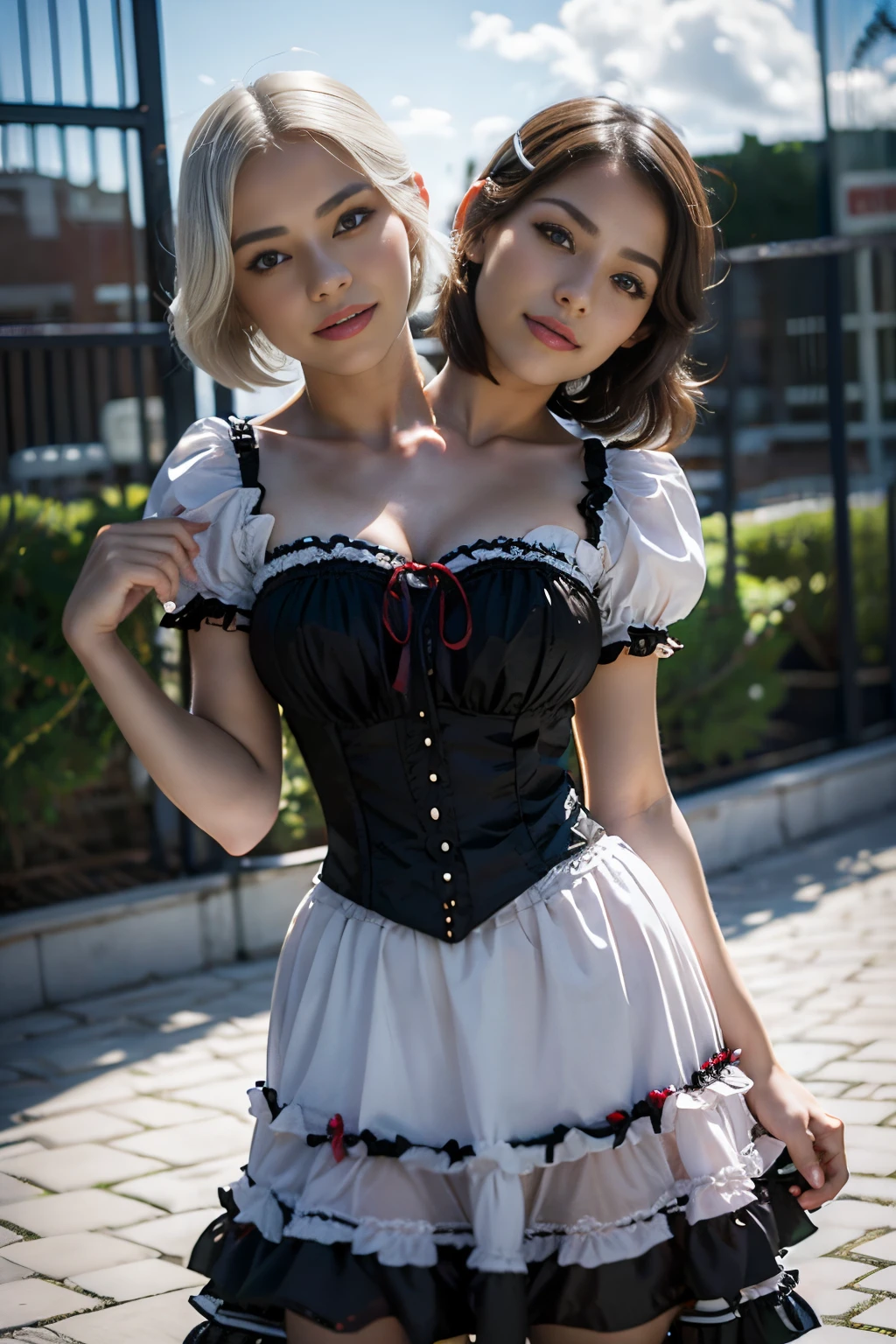 best resolution, 2 heads, half-body shot, mexican woman next to  scandinavian woman, short tied hair, lolita fashion, school background,