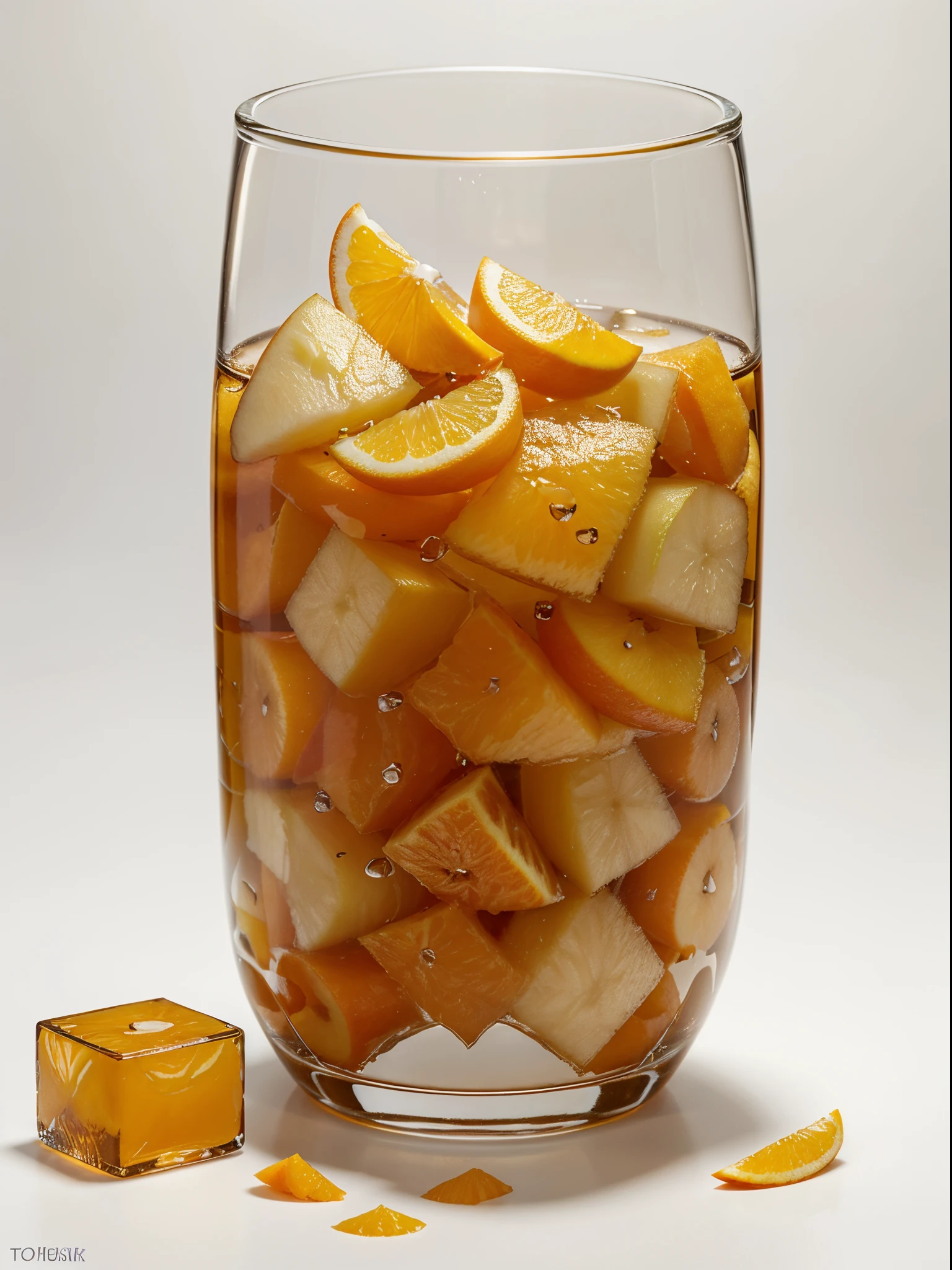 (Best quality,8K,Masterpiece:1.3),NOhumans,Clear glass,There are a lot of sliced pear in it、Oranges cut into cubes, blend, detalhe poderoso, intense detail, on the white background, Clear detail, professional,(Hyper-realistic:1.3)