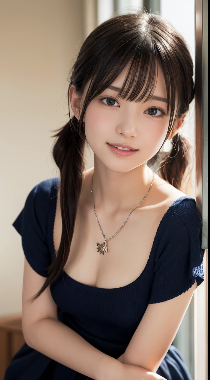 NFSW、masutepiece、masterpiece、1 girl in、(close up of face、cowboy shot)、Straight front view、japanes、very young cute woman、(The cutest girl in the world)、、Smaller face、large full breasts、Autumn knit jacket、Sheer inner、Chiffon skirt、Ultra-detailed costumes、Smiling in a café、Scrunchie、Thin necklace、Glamorous figure、hyper cute face、shiny lip、Double eyelids in both eyes、 natural make up、long eyeslashes、shiny smooth light brown hair、bangss、Short twin tail hair、asymmetrical bangs、image in center、8K分辨率、high détails、Detailed hairstyles、A detailed face、spectacular movie lighting、octane renderings、with a vibrant、Ultra-realistic、Perfect limbs、perfect anatomia