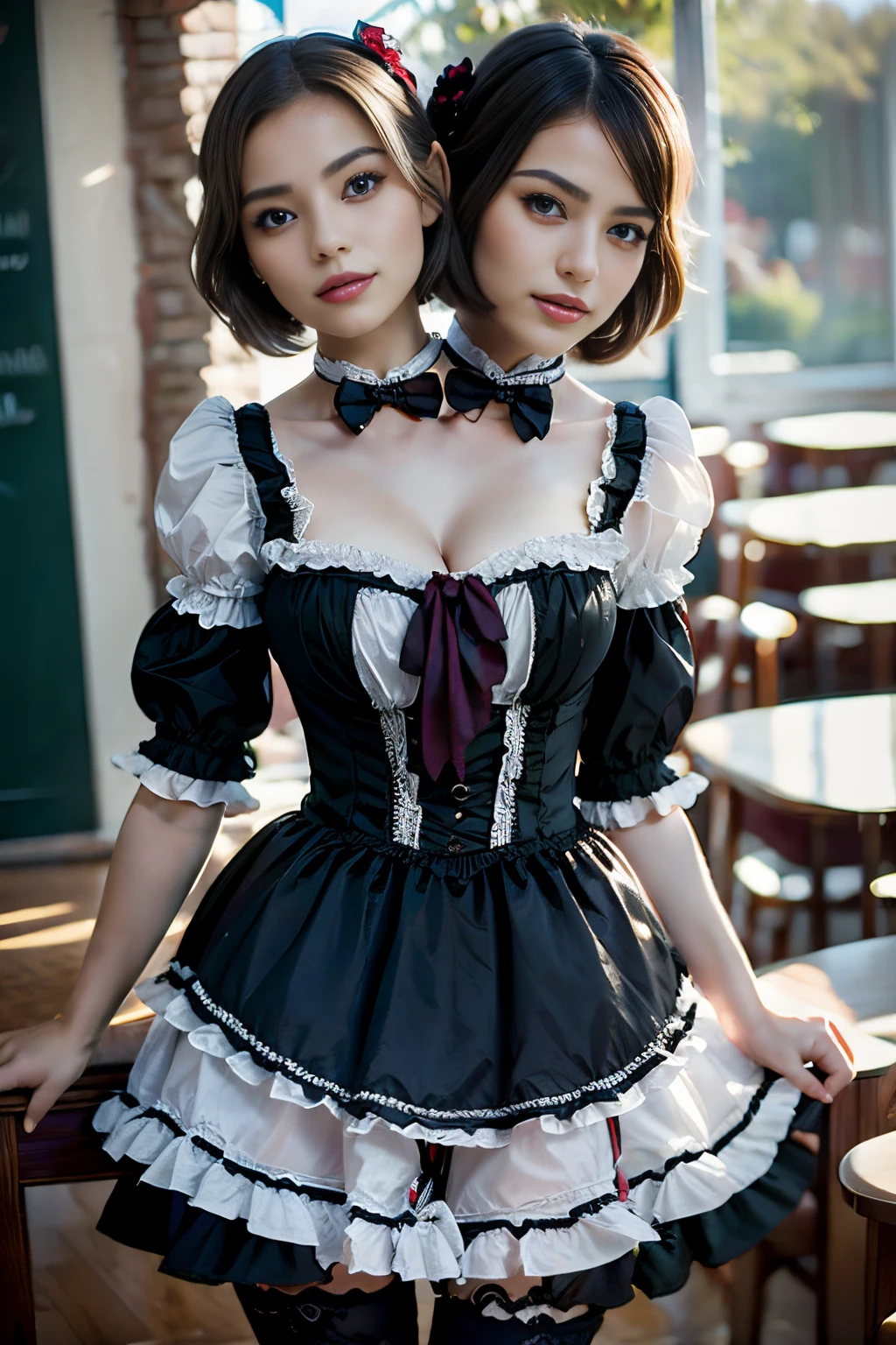 best resolution, 2 heads, half-body shot, mexican woman next to  scandinavian woman, short tied hair, lolita fashion, school background,