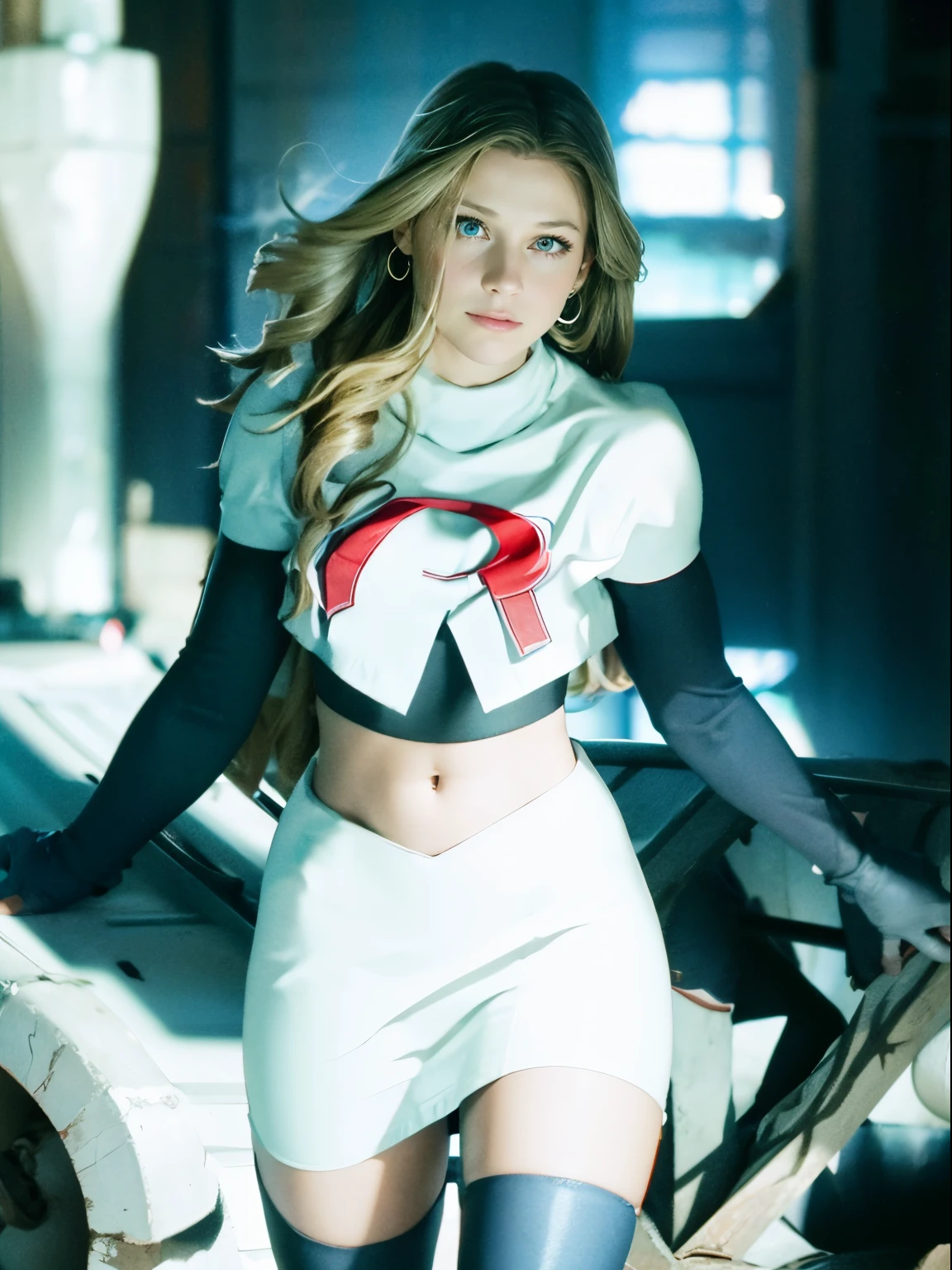 face of melissa benoist, 1girl,team rocket,team rocket uniform, red letter R, white skirt,white crop top,black thigh-highs,black elbow gloves