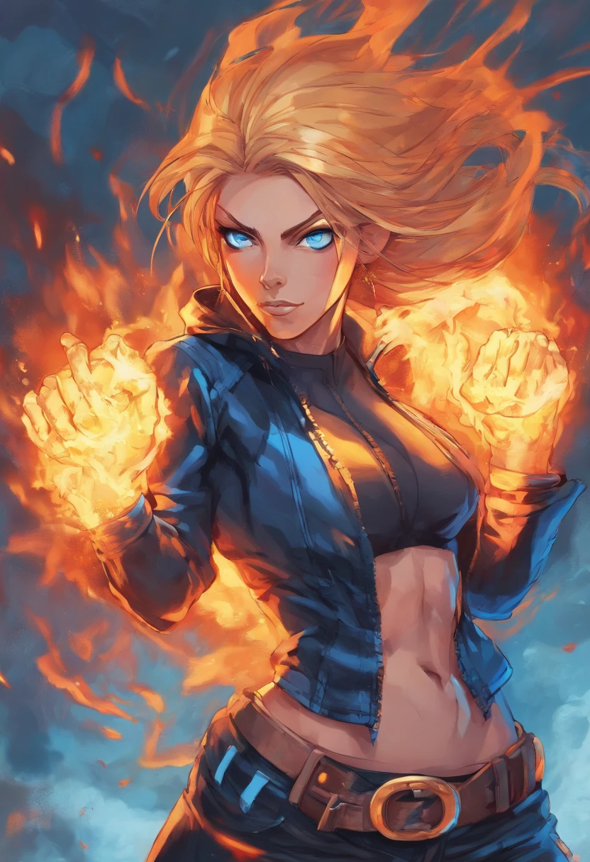 ((Avril Lavigne:1.2)) (1 girl) with (blue fire burning her eyes:1.3), a stunning face, wearing tight black shorts and a hoodie that is above waist length, perfect breasts, well-endowed, 8-pack abs, muscular legs, perky glutes, (round glutes, muscular glutes:1.2), feminine, very large breasts, perfect body, perfect proportions, feminine and muscular, bodybuilder physique, her skin is flawless, (fireball lighting her face:1.1), (bright fire eyes:1.1), (fire coming out of her eyes:1.3), hot fire goddess, she has fire powers, fire eyes, with fire, firey, ((standing:1.4)), masterpiece, best quality, ultra-detailed, very detailed illustrations, extremely detailed, intricate details, highres, super complex details, floating over the ocean in the evening, complete body in view, full-length shot, full shot, (full body shot:1.5)