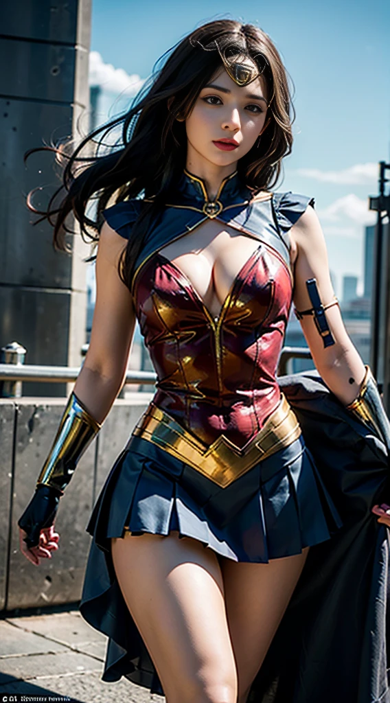(best quality,4k,8k,highres,masterpiece:1.2),ultra-detailed,(realistic,photorealistic,photo-realistic:1.37),Gal Gadot as Wonder Woman, lifting her skirt towards the camera in a battle,comic-book style illustration,metallic texture,sharp focus,vivid colors,dramatic lighting,wonderful action pose,confident expression, flowing hair, intense gaze, golden tiara, red and blue costume, powerful stance, dynamic composition, lasso of truth, bulletproof bracelets, warrior princess, superheroine, strong and graceful, fierce determination, cityscape background, cloudy sky, dramatic clouds, Lasso of Hestia, magical powers, empowering symbol, iconic superhero, surreal elements, ethereal aura, striking contrast, vibrant hues, cinematic atmosphere. She is lifting her skirt and showing her panties, lifting her skirt, showing her panties camera