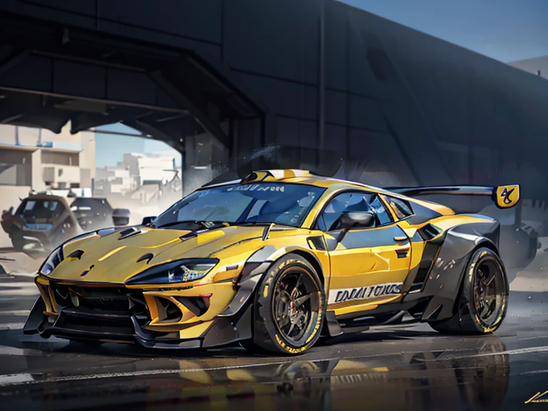 Yellow sports car driving on desert road, bold lamborghini style, sports cars, sports cars, sports cars, Rendering of futuristic supercar, super car, de tomaso, Super car, Lamborghini, Concept Art 8K, Full view of the sports car, 8k octane 3d rendering, 8k high detail concept art, car concept, concept car