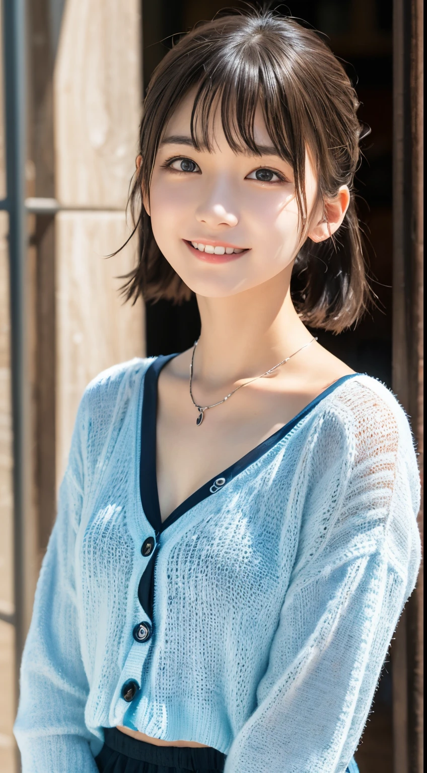 NFSW、masutepiece、​masterpiece、1 girl in、(close up of face、cowboy  shot)、Straight front view、japanes、very young cute woman、(The cutest girl in the world)、15yo student、Smaller face、large full breasts、Autumn knit jacket、Sheer inner、Chiffon skirt、Ultra-detailed costumes、Smiling in a café、Scrunchie、Thin necklace、Glamorous figure、hyper cute face、shiny lip、Double eyelids in both eyes、 natural make up、long eyeslashes、shiny smooth light brown hair、bangss、Short twin tail hair、asymmetrical bangs、image in center、8K分辨率、high détails、Detailed hairstyles、A detailed face、spectacular movie lighting、octane renderings、with a vibrant、Ultra-realistic、Perfect limbs、perfect anatomia