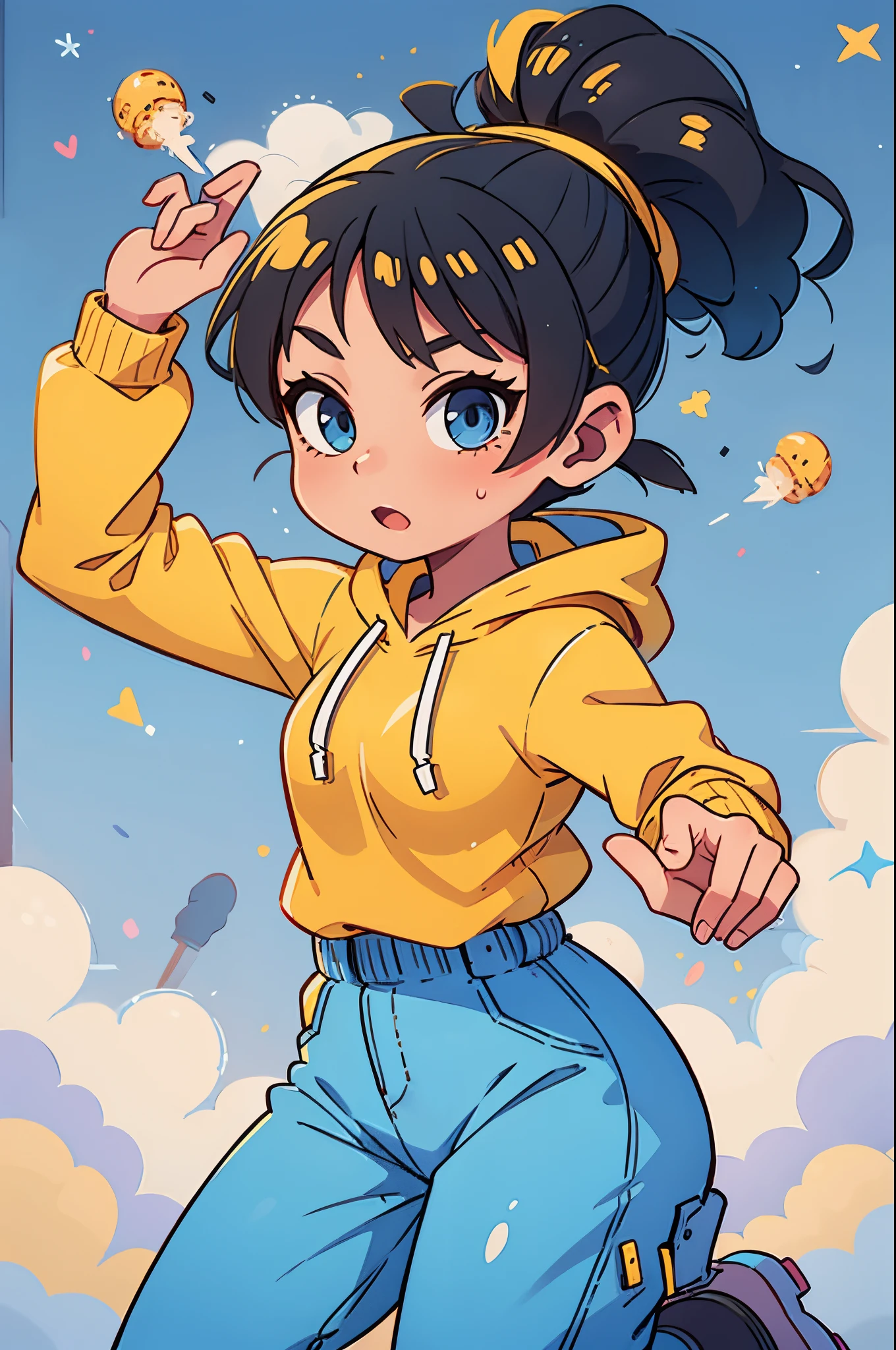 1 girl, full body , yellow headphone, headset, earphone , yellow hoodie, a radio announcer, Cute, pony tail hair, black hair, UHD, high details, best quality